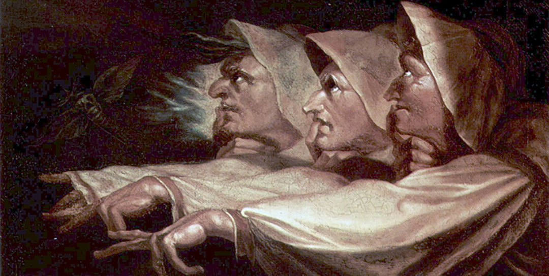detail of painting of the weird sisters by Henry Fusellid